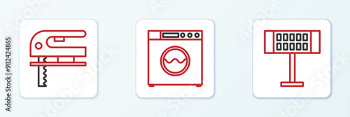 Set line Electric heater, jigsaw and Washer icon. Vector