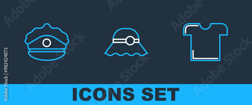 Set line T-shirt, Police cap with cockade and Elegant women hat icon. Vector