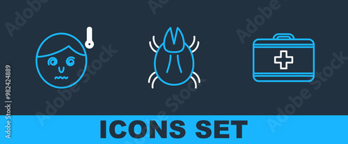 Set line First aid kit, High human body temperature and Parasite mite icon. Vector