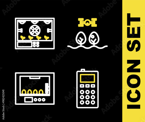 Set line Smart farm with drone, Remote control, Incubator for eggs and farming technology icon. Vector