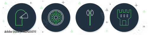 Set line Old wooden wheel, Medieval axe, iron helmet and Castle tower icon. Vector