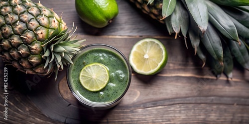 Refreshing green smoothie with pineapple and lime on wooden table photo