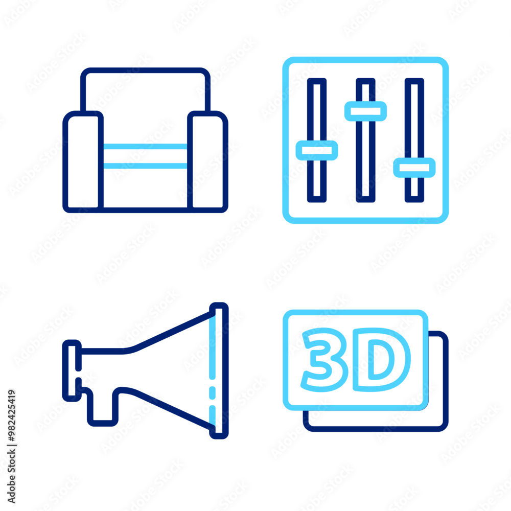 Set line 3D word, Megaphone, Sound mixer controller and Cinema chair icon. Vector Set line 3D word, Megaphone, Sound mixer controller and Cinema chair icon. Vector