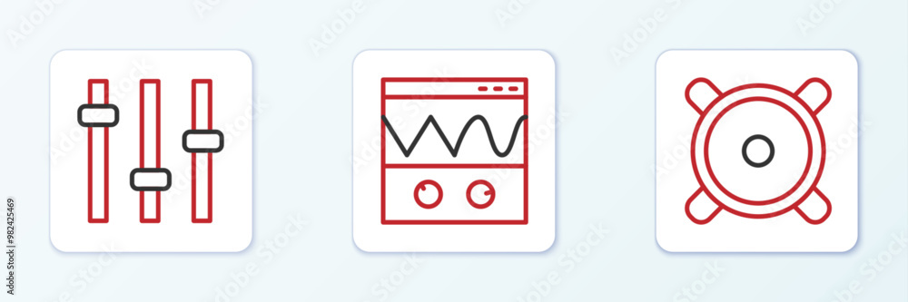 Set line Stereo speaker, Music equalizer and Oscilloscope icon. Vector Set line Stereo speaker, Music equalizer and Oscilloscope icon. Vector