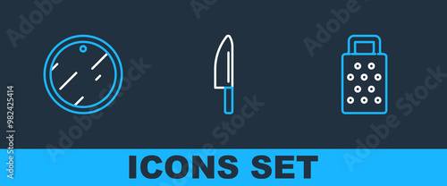 Set line Grater, Cutting board and Knife icon. Vector