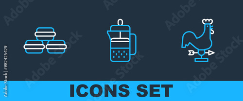 Set line Rooster weather vane, Macaron cookie and French press icon. Vector