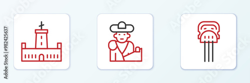Set line Peineta, Montjuic castle and Bullfight, matador icon. Vector