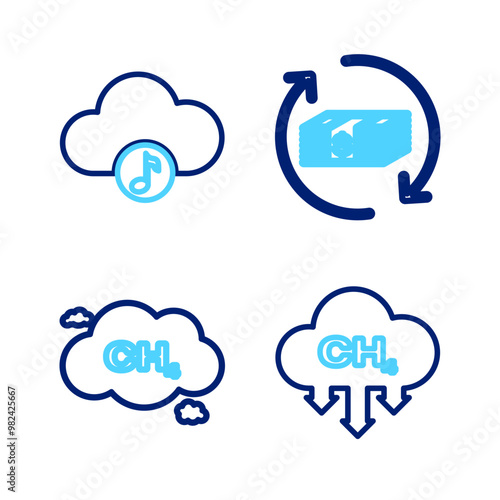 Set line Methane emissions reduction, Refund money and Music streaming service icon. Vector