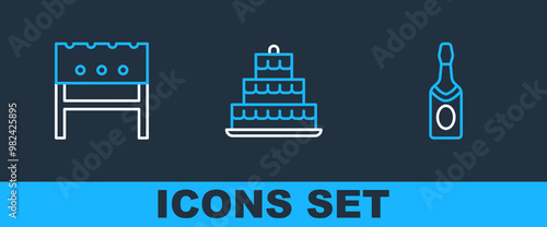 Set line Champagne bottle, BBQ brazier and Cake with burning candles icon. Vector