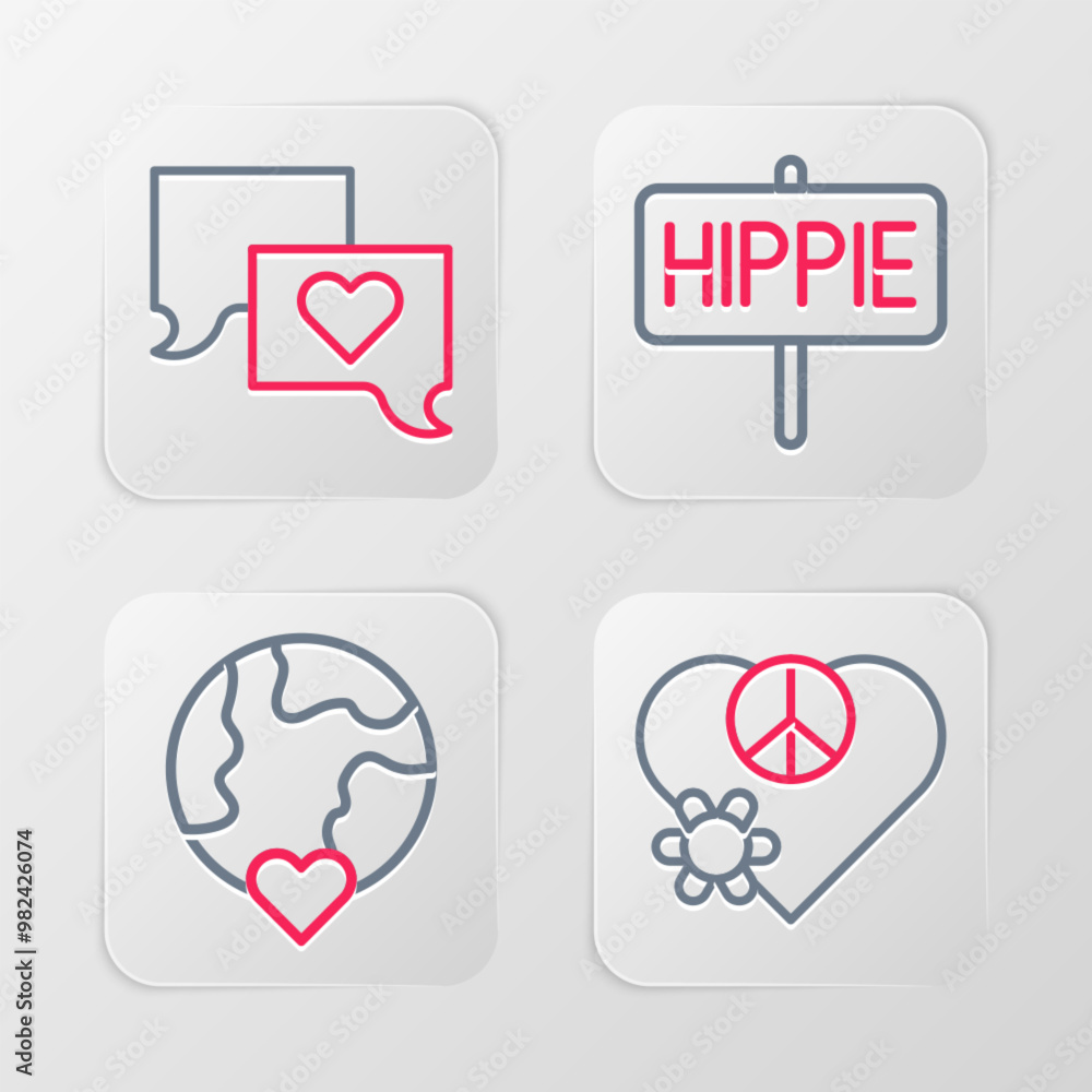 Set line Love peace, The heart world - love, Peace and Speech bubble chat icon. Vector Set line Love peace, The heart world - love, Peace and Speech bubble chat icon. Vector