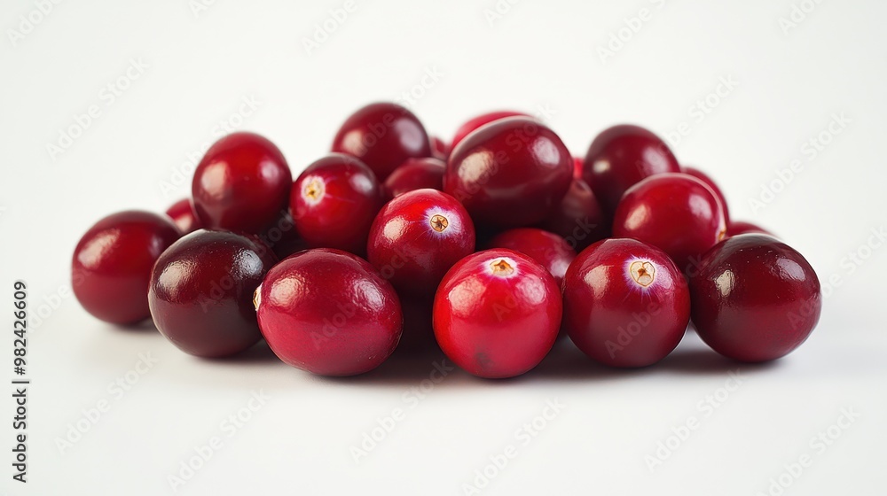 A pile of ripe cranberries arranged neatly on a clean white surface. The glossy red berries stand out against the smooth, bright background. A pile of ripe cranberries arranged neatly on a clean white surface. The glossy red berries stand out against the smooth, bright background.