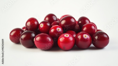 A pile of ripe cranberries arranged neatly on a clean white surface. The glossy red berries stand out against the smooth, bright background.