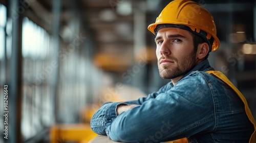 Construction worker in safety gear reflecting on the job site during a busy workday at a construction site