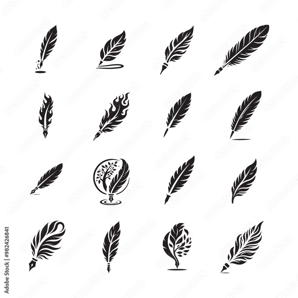 Feather Pen Silhouette Vector Logo Icon Set – Elegant & Creative Collection Feather Pen Silhouette Vector Logo Icon Set – Elegant & Creative Collection