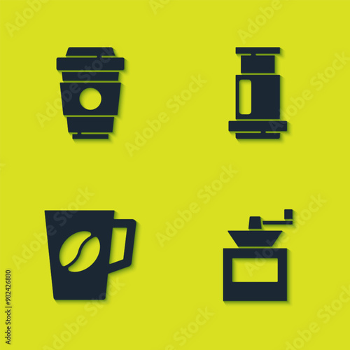 Set Coffee cup to go, Manual coffee grinder, and Aeropress icon. Vector