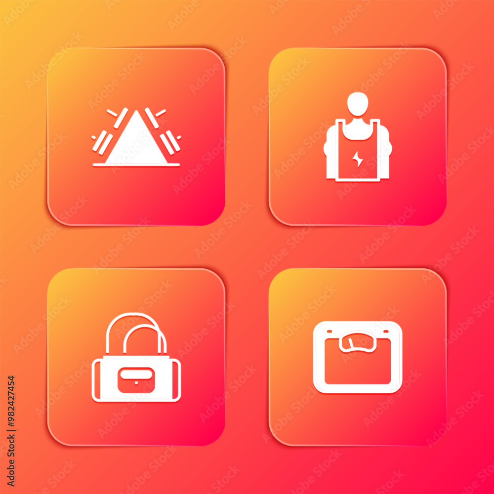 Set Metal rack with weight, Bodybuilder, Sport bag and Bathroom scales icon. Vector Set Metal rack with weight, Bodybuilder, Sport bag and Bathroom scales icon. Vector