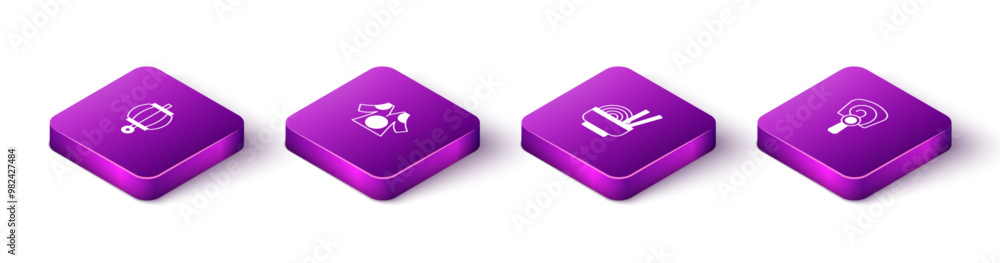 Set Isometric Korean lantern, Kimono, Asian noodles in bowl and hand fan icon. Vector Set Isometric Korean lantern, Kimono, Asian noodles in bowl and hand fan icon. Vector