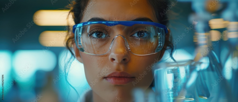 A young female scientist with safety glasses in a lab, focused on examining scientific samples. Free copy space for text. A young female scientist with safety glasses in a lab, focused on examining scientific samples. Free copy space for text.