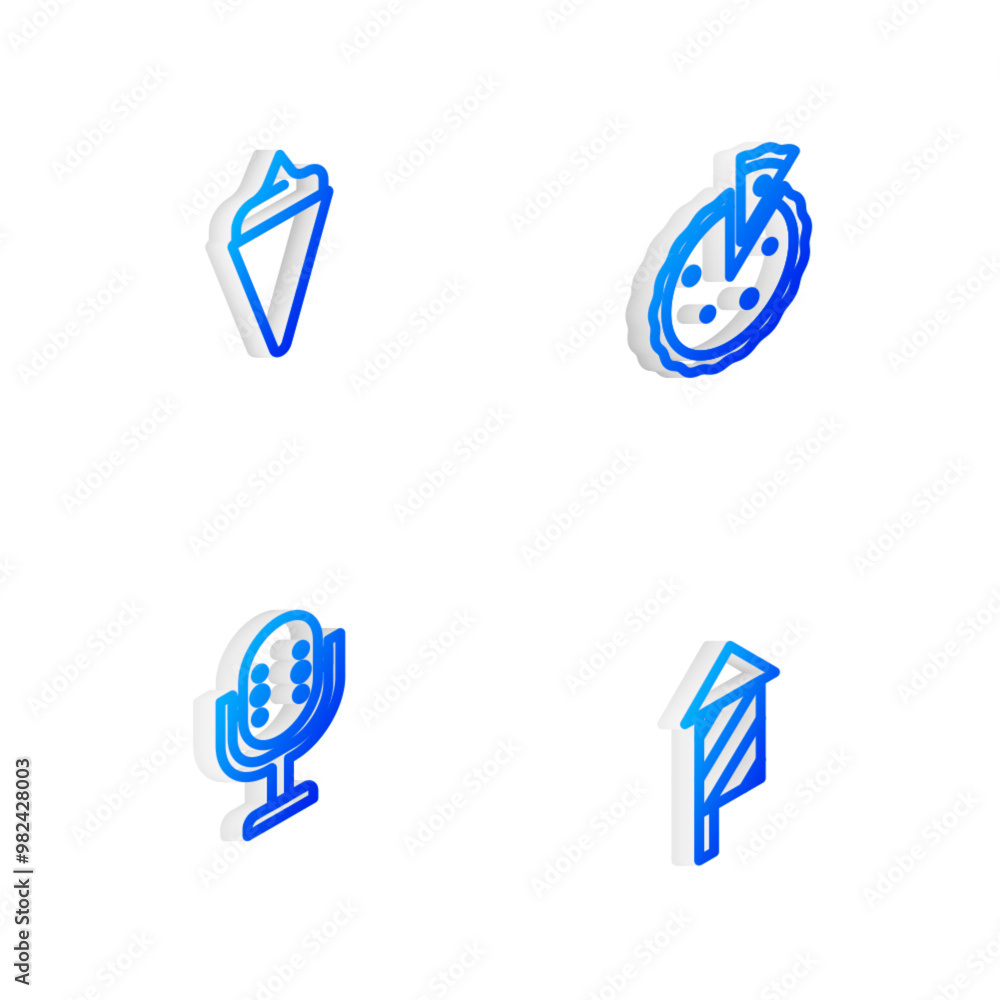 Set Isometric line Homemade pie, Ice cream in waffle cone, Microphone and Firework rocket icon. Vector Set Isometric line Homemade pie, Ice cream in waffle cone, Microphone and Firework rocket icon. Vector