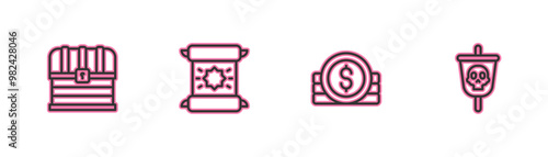 Set line Chest, Ancient coin, Decree, parchment, scroll and Pirate flag icon. Vector