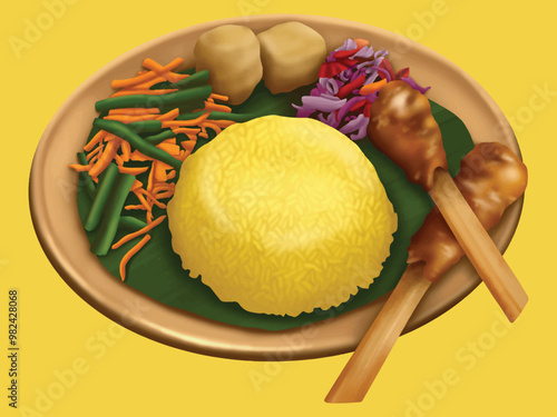 Nasi kuning Bali illustration Indonesian food in semi realistic style