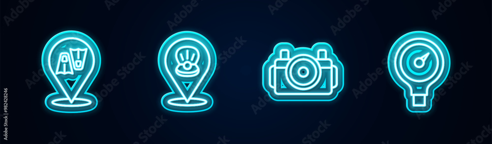 Set line Flippers for swimming, Scallop sea shell, Photo camera diver and Gauge scale. Glowing neon icon. Vector Set line Flippers for swimming, Scallop sea shell, Photo camera diver and Gauge scale. Glowing neon icon. Vector