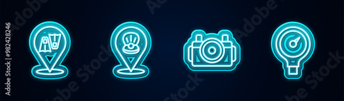 Set line Flippers for swimming, Scallop sea shell, Photo camera diver and Gauge scale. Glowing neon icon. Vector