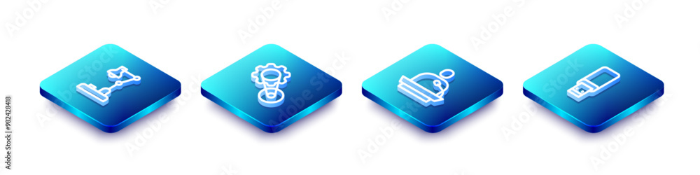 Set Isometric line Table lamp, Timing belt kit, Gives lecture and USB flash drive icon. Vector Set Isometric line Table lamp, Timing belt kit, Gives lecture and USB flash drive icon. Vector