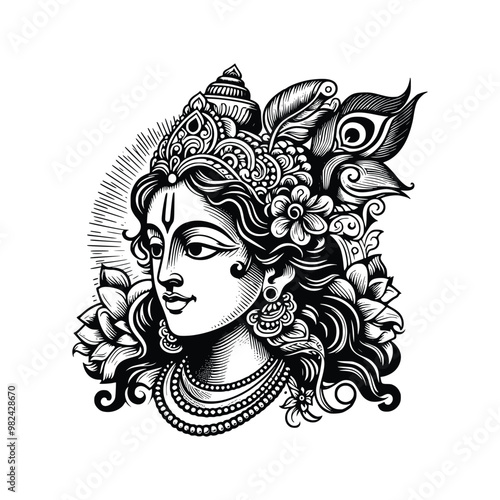 hand drawn illustration of Lord Krishna Indian God. engraving black and white Hindu God vector illustration isolated background