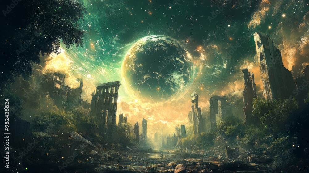 Fototapeta premium Forgotten Ruins Under a Cosmic Sky.