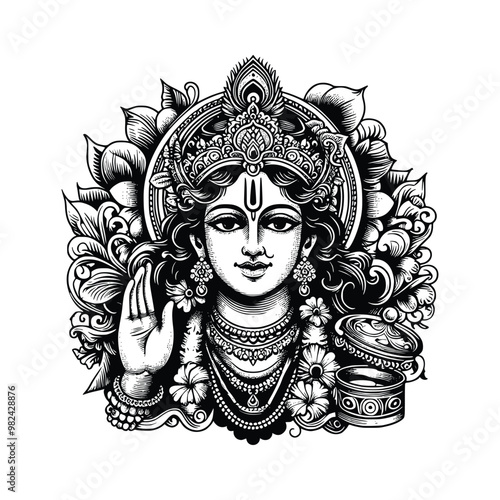 hand drawn illustration of Lord Krishna Indian God. engraving black and white Hindu God vector illustration isolated background