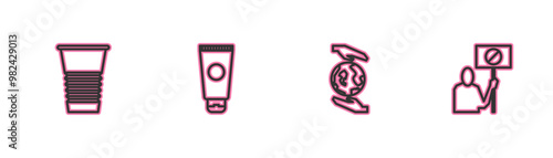 Set line Paper glass, Hands holding Earth globe, Cream cosmetic tube and Nature saving protest icon. Vector