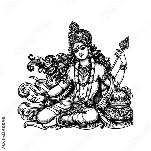 hand drawn illustration of Lord Krishna Indian God. engraving black and white Hindu God vector illustration isolated background