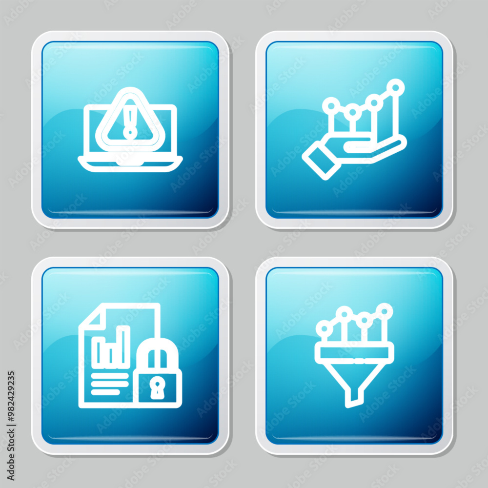 Set line Laptop with exclamation mark, Pie chart infographic, Document and lock and Sales funnel icon. Vector Set line Laptop with exclamation mark, Pie chart infographic, Document and lock and Sales funnel icon. Vector