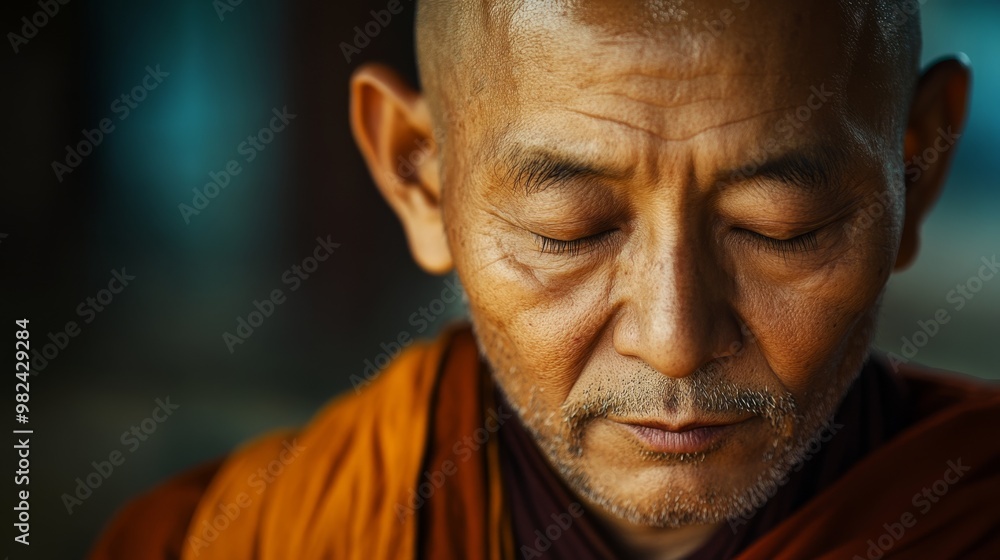 A serene close-up of an elderly monk in meditation, embodying peace and wisdom through his calm expression and traditional attire. A serene close-up of an elderly monk in meditation, embodying peace and wisdom through his calm expression and traditional attire.