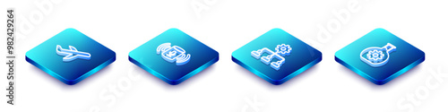 Set Isometric line Plane, Voice assistant, Lead management and Bioengineering icon. Vector