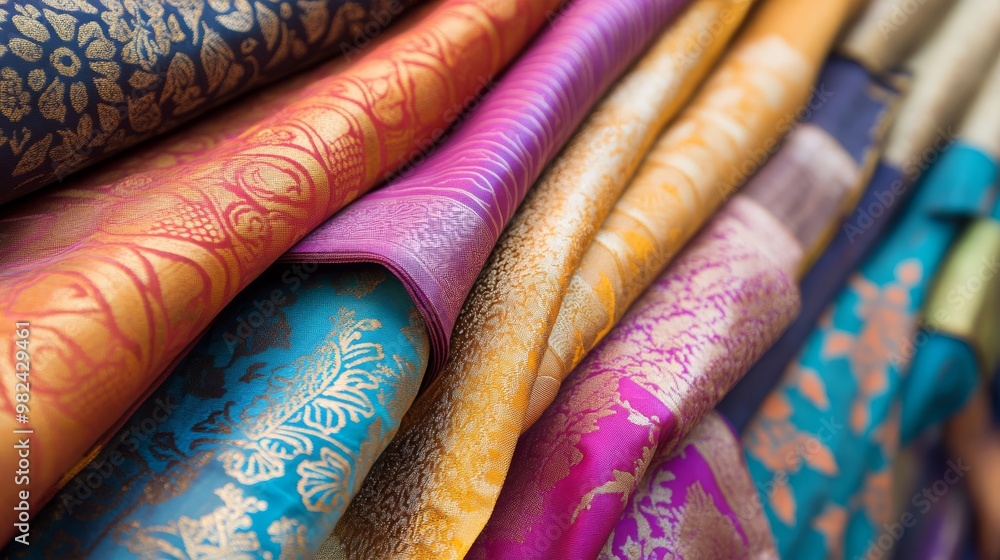 Colorful, intricately designed fabrics neatly arranged, showcasing the richness of textiles in vibrant hues and patterns. Colorful, intricately designed fabrics neatly arranged, showcasing the richness of textiles in vibrant hues and patterns.