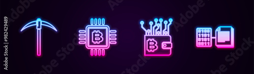 Set line Pickaxe, CPU mining farm, Cryptocurrency wallet and Smart contract. Glowing neon icon. Vector