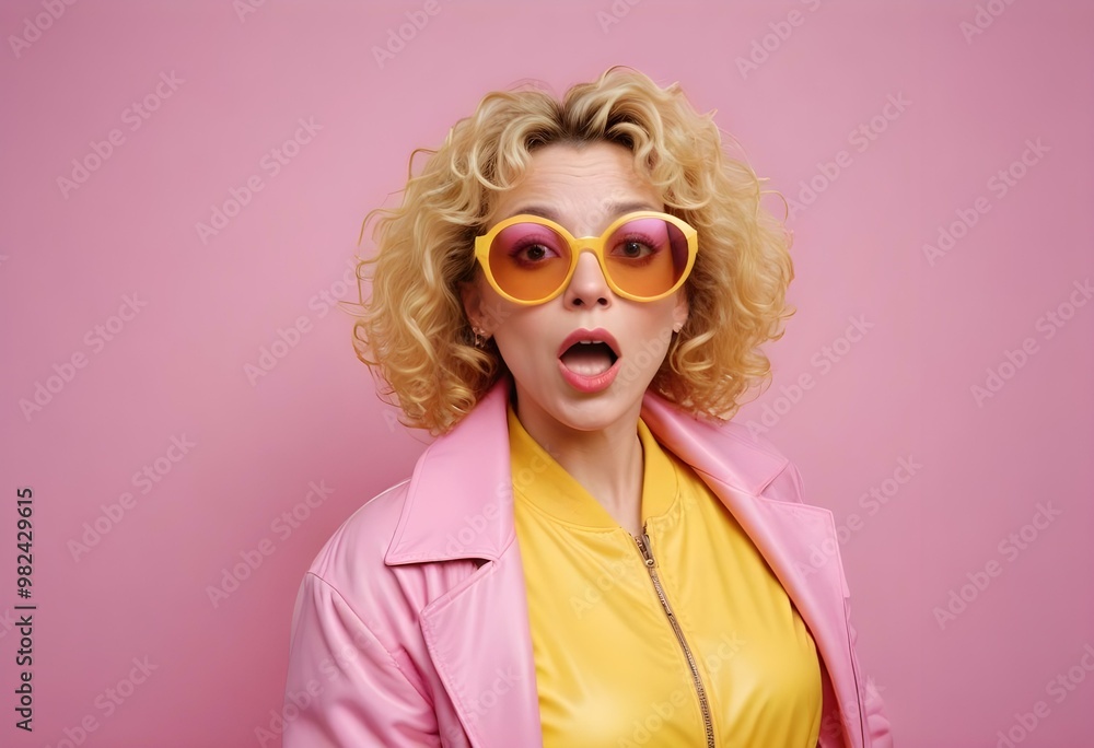 “A stylish woman with curly blonde hair, wearing bold yellow sunglasses, a pink jacket, and a yellow top, expressing surprise against a vibrant pink background.” “A stylish woman with curly blonde hair, wearing bold yellow sunglasses, a pink jacket, and a yellow top, expressing surprise against a vibrant pink background.”