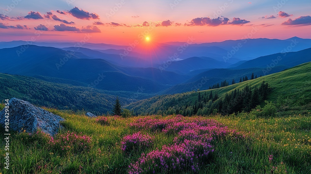 Fototapeta premium Sunrise over a mountain range with a meadow of wildflowers in the foreground