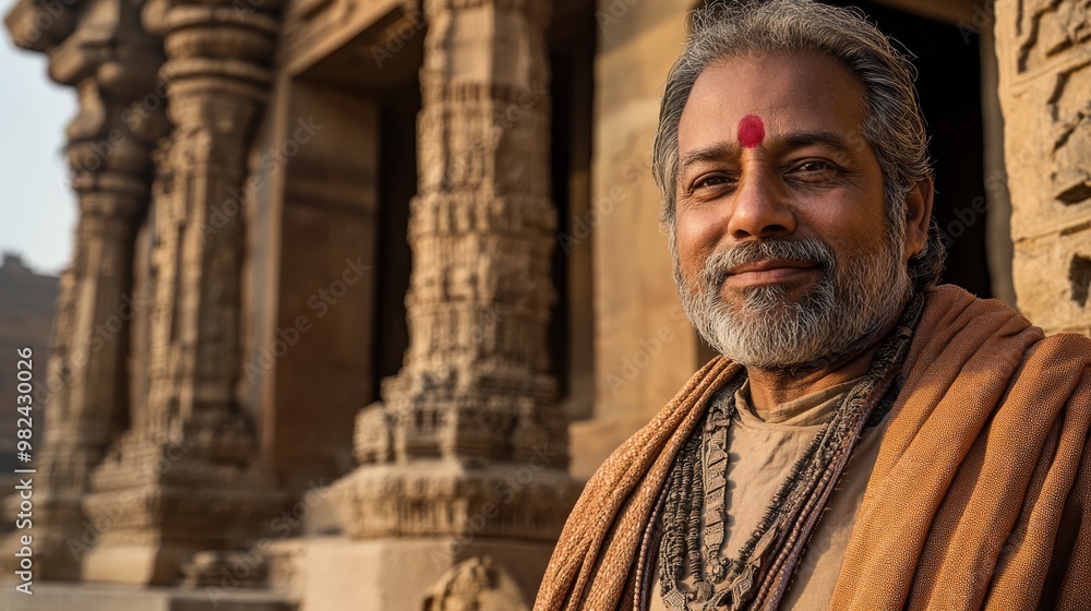 Naklejka premium A smiling elderly man with a spiritual demeanor stands near intricately carved temple architecture, showcasing cultural heritage.
