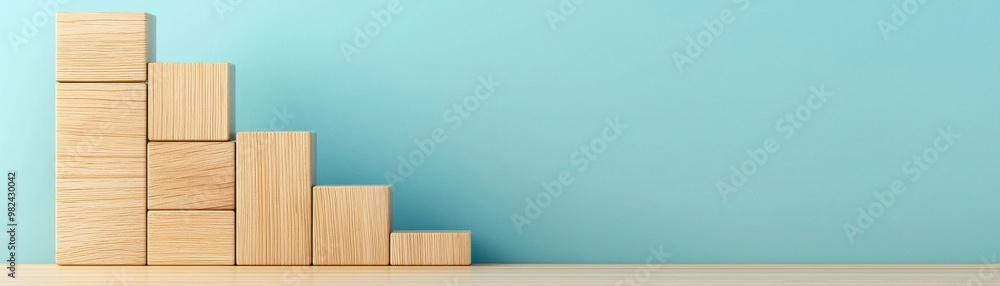 Wooden blocks arranged in a stair-step formation against a blue background, symbolizing growth and progress. Wooden blocks arranged in a stair-step formation against a blue background, symbolizing growth and progress.