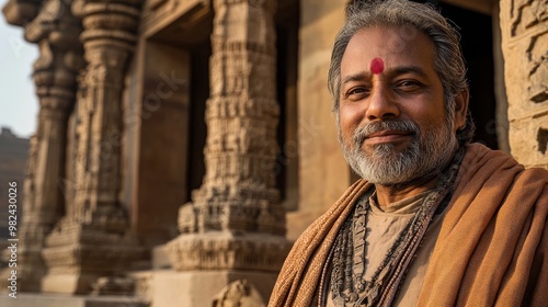 A smiling elderly man with a spiritual demeanor stands near intricately carved temple architecture, showcasing cultural heritage.