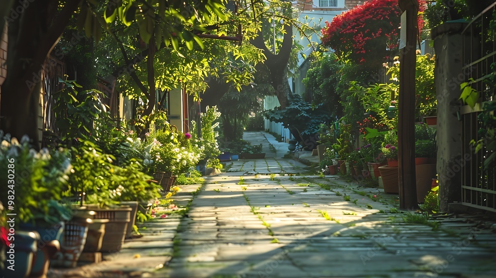 Obraz premium Street walk with nice brightness and garden surroundings