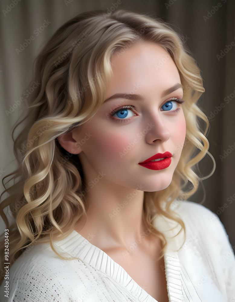 Fototapeta premium A portrait of a woman whose eyes are blue and her hair is blonde