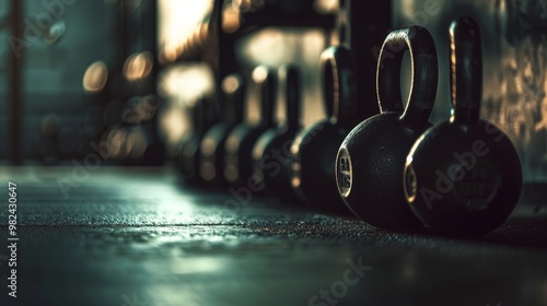 Shiny kettlebells lined up in a gym, representing strength training and fitness gear for workout enthusiasts.