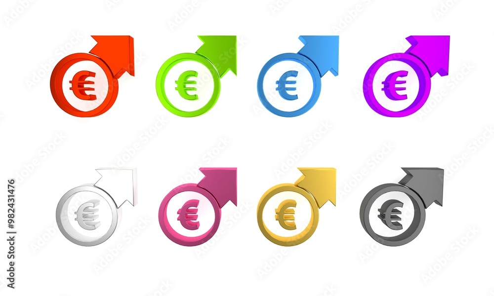 Colorful Financial growth and euro coin icon isolated on white background. Increasing revenue. Minimalism concept. 3D render illustration