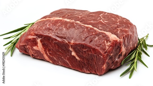 Beef chuck roast, raw and thick, resting on a spotless white background.
