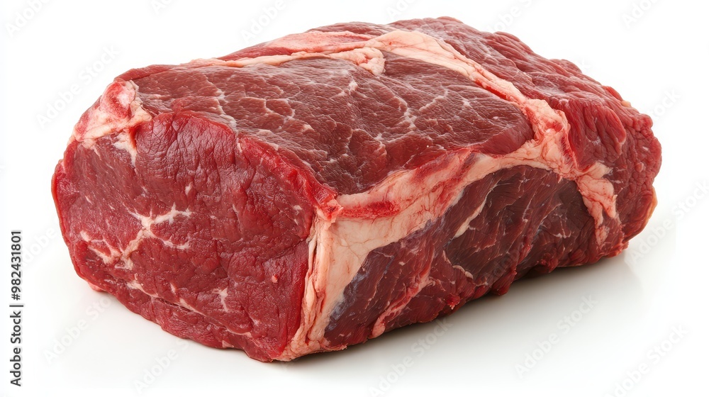 Beef chuck roast, raw and thick, resting on a spotless white background. Beef chuck roast, raw and thick, resting on a spotless white background.