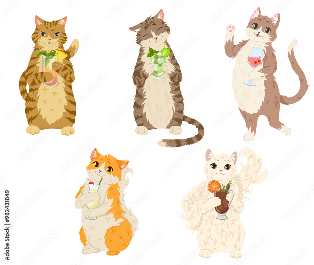 Obraz premium Cats with cocktails set. Cat holds a glass with champagne, mai tai, mojito, pina colada, mulled wine. Funny cartoon vector illustration for stickers, prints, invitations design, bar menu